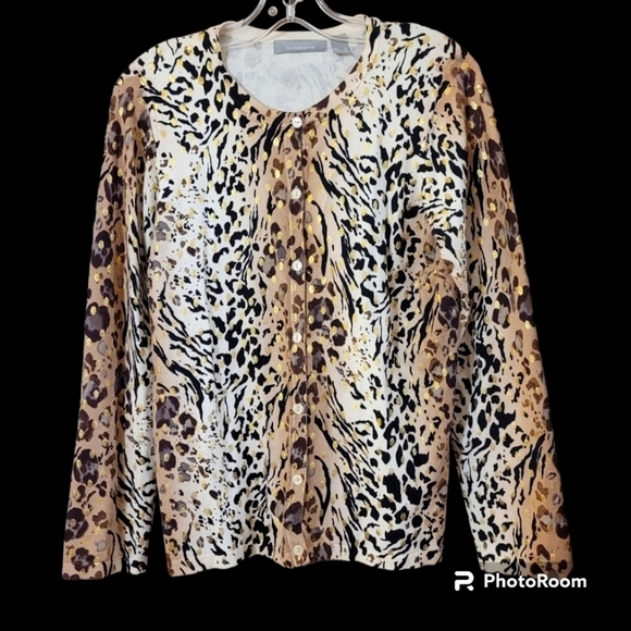 ♥️Liz Claiborne animal print metallic detail crewneck button front cardigan - Picture 1 of 8